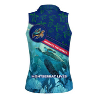 Montserrat Women Sleeveless Polo Shirt with Sea Turtle Illustration Blue Underwater Ocean Design - Wonder Print Shop