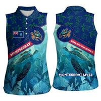 Montserrat Women Sleeveless Polo Shirt with Sea Turtle Illustration Blue Underwater Ocean Design - Wonder Print Shop
