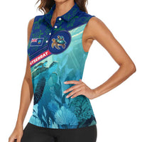Montserrat Women Sleeveless Polo Shirt with Sea Turtle Illustration Blue Underwater Ocean Design - Wonder Print Shop