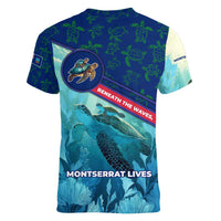 Montserrat Women V-Neck T-Shirt with Sea Turtle Illustration Blue Underwater Ocean Design - Wonder Print Shop