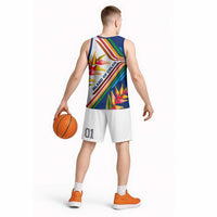 Montserrat Basketball Jersey with Heliconia Flower Illustration Colorful Retro Stripe Design - Wonder Print Shop
