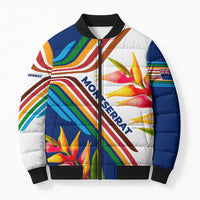 Montserrat Bomber Puffer Jacket with Heliconia Flower Illustration Colorful Retro Stripe Design - Wonder Print Shop