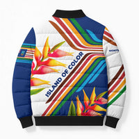 Montserrat Bomber Puffer Jacket with Heliconia Flower Illustration Colorful Retro Stripe Design - Wonder Print Shop