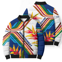 Montserrat Bomber Puffer Jacket with Heliconia Flower Illustration Colorful Retro Stripe Design - Wonder Print Shop