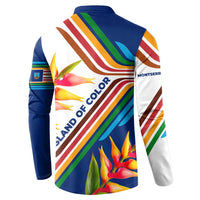 Montserrat Button Sweatshirt with Heliconia Flower Illustration Colorful Retro Stripe Design - Wonder Print Shop