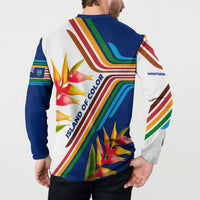 Montserrat Button Sweatshirt with Heliconia Flower Illustration Colorful Retro Stripe Design - Wonder Print Shop