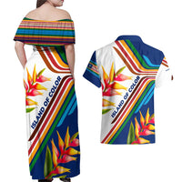 Montserrat Couples Matching Off Shoulder Maxi Dress and Hawaiian Shirt with Heliconia Flower Illustration Colorful Retro Stripe Design - Wonder Print Shop