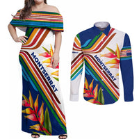 Montserrat Couples Matching Off Shoulder Maxi Dress and Long Sleeve Button Shirt with Heliconia Flower Illustration Colorful Retro Stripe Design - Wonder Print Shop