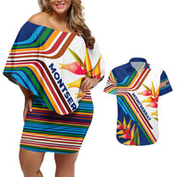 Montserrat Couples Matching Off Shoulder Short Dress and Hawaiian Shirt with Heliconia Flower Illustration Colorful Retro Stripe Design - Wonder Print Shop