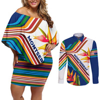 Montserrat Couples Matching Off Shoulder Short Dress and Long Sleeve Button Shirt with Heliconia Flower Illustration Colorful Retro Stripe Design - Wonder Print Shop
