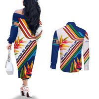 Montserrat Couples Matching Off The Shoulder Long Sleeve Dress and Long Sleeve Button Shirt with Heliconia Flower Illustration Colorful Retro Stripe Design - Wonder Print Shop