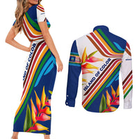 Montserrat Couples Matching Short Sleeve Bodycon Dress and Long Sleeve Button Shirt with Heliconia Flower Illustration Colorful Retro Stripe Design - Wonder Print Shop