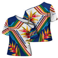 Montserrat Cross Shoulder Shirt with Heliconia Flower Illustration Colorful Retro Stripe Design - Wonder Print Shop