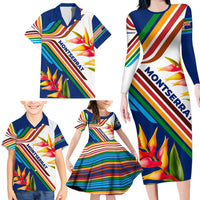 Montserrat Family Matching Long Sleeve Bodycon Dress and Hawaiian Shirt with Heliconia Flower Illustration Colorful Retro Stripe Design - Wonder Print Shop