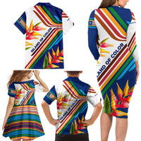 Montserrat Family Matching Long Sleeve Bodycon Dress and Hawaiian Shirt with Heliconia Flower Illustration Colorful Retro Stripe Design - Wonder Print Shop