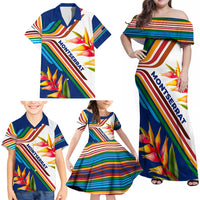 Montserrat Family Matching Off Shoulder Maxi Dress and Hawaiian Shirt with Heliconia Flower Illustration Colorful Retro Stripe Design - Wonder Print Shop