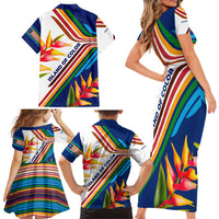 Montserrat Family Matching Short Sleeve Bodycon Dress and Hawaiian Shirt with Heliconia Flower Illustration Colorful Retro Stripe Design - Wonder Print Shop