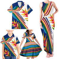 Montserrat Family Matching Tank Maxi Dress and Hawaiian Shirt with Heliconia Flower Illustration Colorful Retro Stripe Design - Wonder Print Shop
