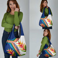 Montserrat Grocery Bag with Heliconia Flower Illustration Colorful Retro Stripe Design - Wonder Print Shop