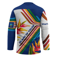 Montserrat Hockey Jersey with Heliconia Flower Illustration Colorful Retro Stripe Design - Wonder Print Shop