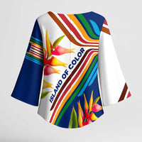 Montserrat Kimono Sleeve Blouse with Heliconia Flower Illustration Colorful Retro Stripe Design - Wonder Print Shop