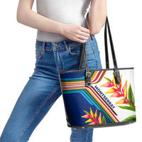 Montserrat Leather Tote Bag with Heliconia Flower Illustration Colorful Retro Stripe Design - Wonder Print Shop