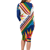 Montserrat Long Sleeve Bodycon Dress with Heliconia Flower Illustration Colorful Retro Stripe Design - Wonder Print Shop