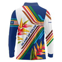 Montserrat Long Sleeve Polo Shirt with Heliconia Flower Illustration Colorful Retro Stripe Design - Wonder Print Shop