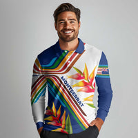 Montserrat Long Sleeve Polo Shirt with Heliconia Flower Illustration Colorful Retro Stripe Design - Wonder Print Shop