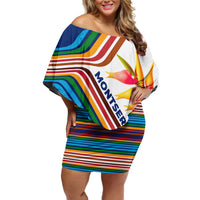 Montserrat Off Shoulder Short Dress with Heliconia Flower Illustration Colorful Retro Stripe Design - Wonder Print Shop