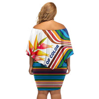 Montserrat Off Shoulder Short Dress with Heliconia Flower Illustration Colorful Retro Stripe Design - Wonder Print Shop