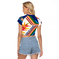 Montserrat Raglan Cropped T Shirt with Heliconia Flower Illustration Colorful Retro Stripe Design - Wonder Print Shop