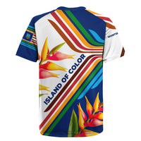 Montserrat Rugby Jersey with Heliconia Flower Illustration Colorful Retro Stripe Design - Wonder Print Shop