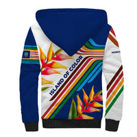 Montserrat Sherpa Hoodie with Heliconia Flower Illustration Colorful Retro Stripe Design - Wonder Print Shop