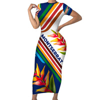Montserrat Short Sleeve Bodycon Dress with Heliconia Flower Illustration Colorful Retro Stripe Design - Wonder Print Shop