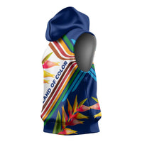Montserrat Sleeveless Hoodie with Heliconia Flower Illustration Colorful Retro Stripe Design - Wonder Print Shop