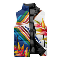 Montserrat Sleeveless Puffer Jacket with Heliconia Flower Illustration Colorful Retro Stripe Design - Wonder Print Shop