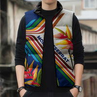Montserrat Sleeveless Puffer Jacket with Heliconia Flower Illustration Colorful Retro Stripe Design - Wonder Print Shop
