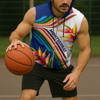 Montserrat Sleeveless Zip Hoodie with Heliconia Flower Illustration Colorful Retro Stripe Design - Wonder Print Shop