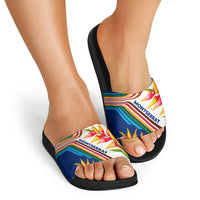 Montserrat Slide Sandals with Heliconia Flower Illustration Colorful Retro Stripe Design - Wonder Print Shop