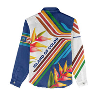 Montserrat Women Casual Shirt with Heliconia Flower Illustration Colorful Retro Stripe Design - Wonder Print Shop