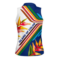 Montserrat Women Sleeveless Polo Shirt with Heliconia Flower Illustration Colorful Retro Stripe Design - Wonder Print Shop