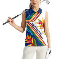 Montserrat Women Sleeveless Polo Shirt with Heliconia Flower Illustration Colorful Retro Stripe Design - Wonder Print Shop