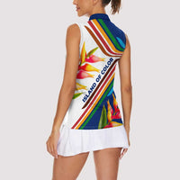 Montserrat Women Sleeveless Polo Shirt with Heliconia Flower Illustration Colorful Retro Stripe Design - Wonder Print Shop