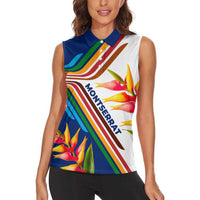 Montserrat Women Sleeveless Polo Shirt with Heliconia Flower Illustration Colorful Retro Stripe Design - Wonder Print Shop