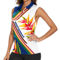 Montserrat Women Sleeveless Polo Shirt with Heliconia Flower Illustration Colorful Retro Stripe Design - Wonder Print Shop