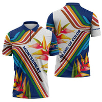 Montserrat Zipper Polo Shirt with Heliconia Flower Illustration Colorful Retro Stripe Design - Wonder Print Shop