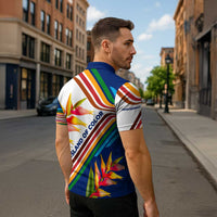 Montserrat Zipper Polo Shirt with Heliconia Flower Illustration Colorful Retro Stripe Design - Wonder Print Shop