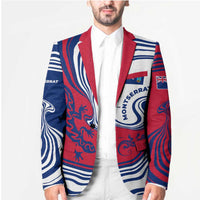 Montserrat Blazer with Gecko Illustration Red Blue Wavy Line Design - Wonder Print Shop