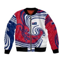 Montserrat Bomber Jacket with Gecko Illustration Red Blue Wavy Line Design - Wonder Print Shop